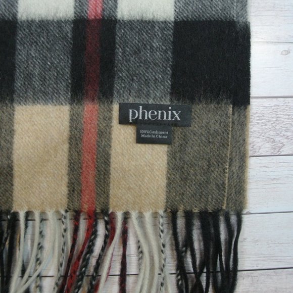 Phenix  PLAID PRINT CASHMERE FRINGE TRIM SCARF  #153 - Picture 3 of 3